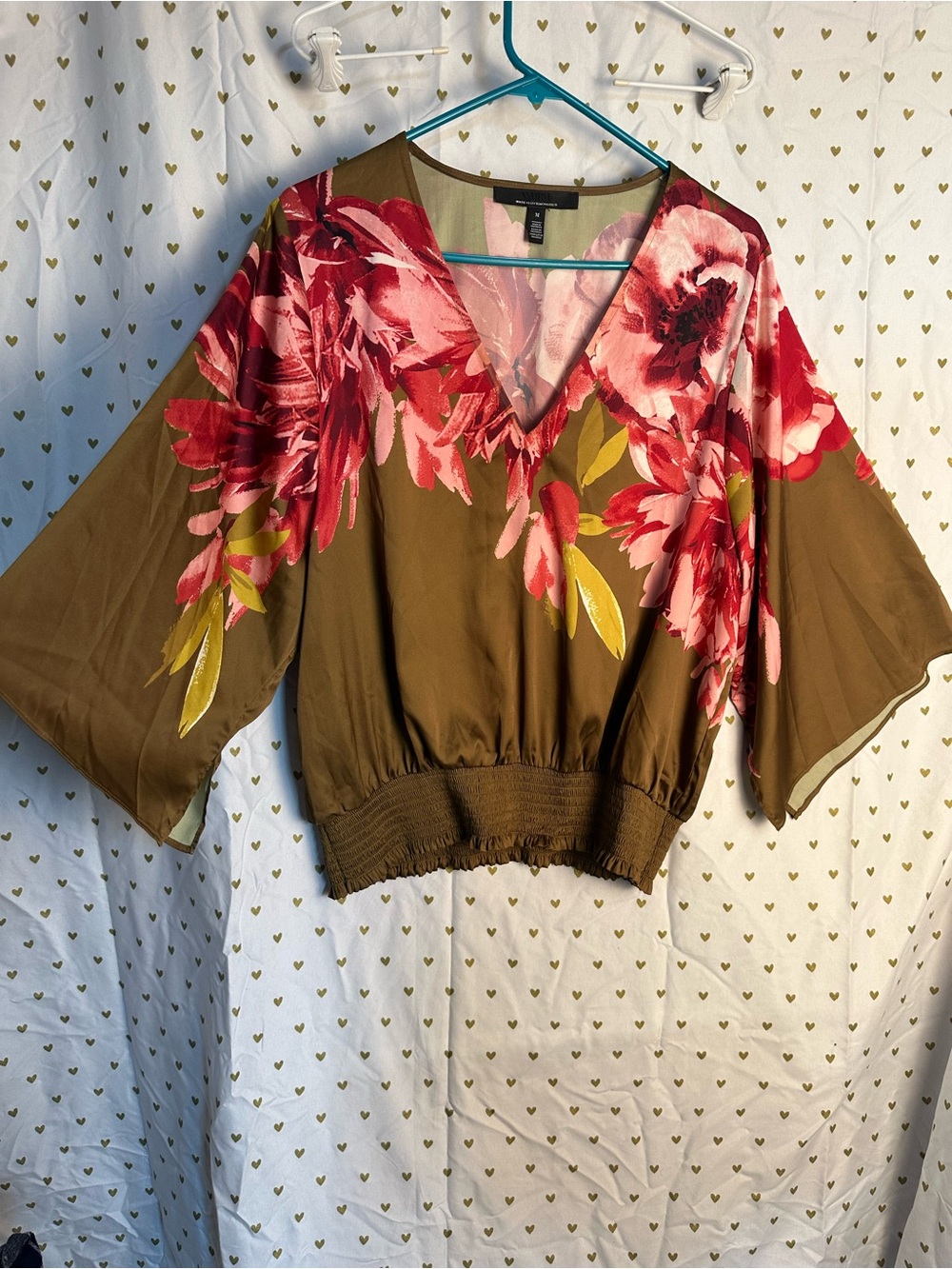 White House Black Market Olive Floral V-Neck Smocked Waist Blouse